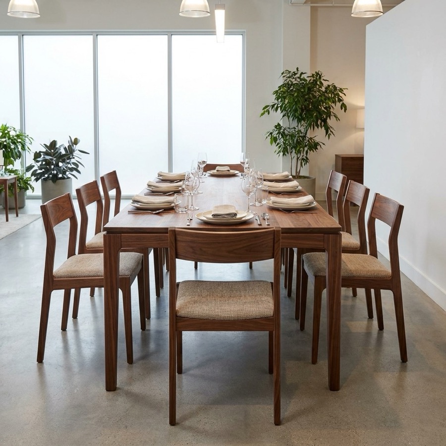 Walnut extension dining table with eight chairs