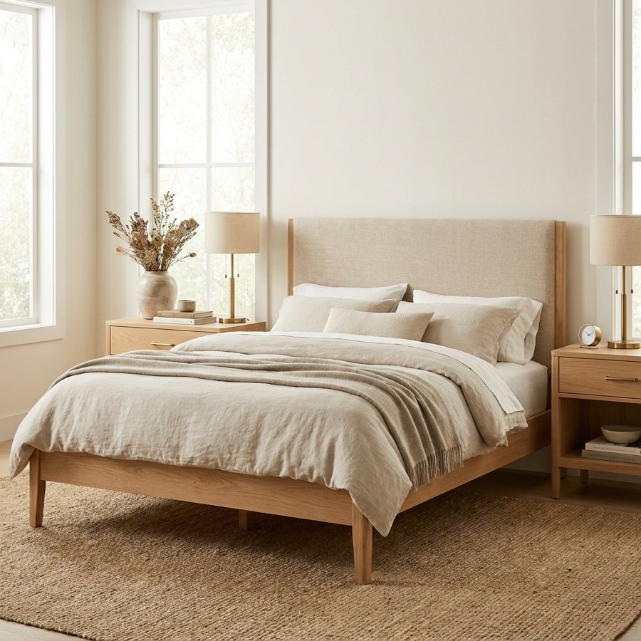 White oak platform bed with matching nightstands