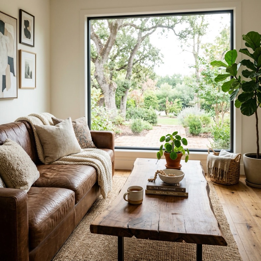 Leather sofa and hardwood coffee table in the front window