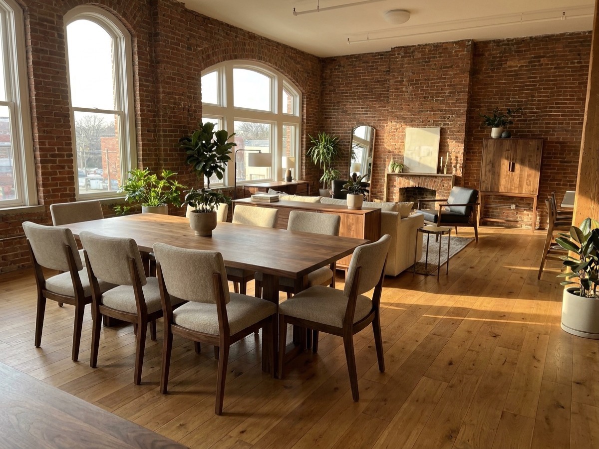 Walnut dining table and chairs in the Halden Furniture showroom
